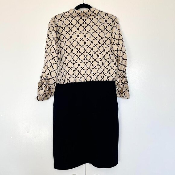 Black & cream silk satin tie geometric pattern button up pencil dress | Size M - Picture 7 of 7